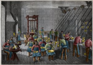 Zilverwerkplaats in Frankrijk in de 19e eeuw. Gravure uit 1885 in 