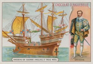 Sir Francis Drake en een driemaster Engels oorlogsschip