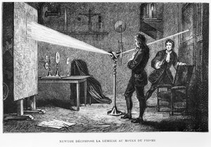 Sir Isaac Newton (1642-1727) breekt het licht door een prisma, illustratie uit La Vie des Savants Illustres door Louis Figuier, 1868 door French School