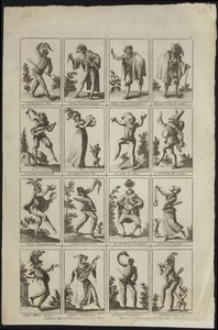 Zestien panelen met figuren in kostuum