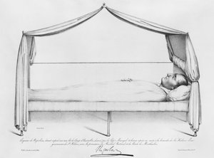 Schets van Napoleon I (1769-1821) op zijn sterfbed getekend op St. Helena door Capitaine Marryal, gegraveerd door Bordes, 5 mei 1821