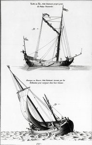 Schets van boten: een jacht of yac en een uurque of hollock, een kleine boot uitgevonden door de Nederlanders om door de kanalen te varen - in "Diderot encyclopedie", deel 7 Marine, gravure, Bibl. Mazarine. door French School