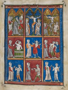 Sloane 1977,f.7 De Chirurgia: Negen miniaturen met bijbelse en medische scènes. Boven, Christus draagt het kruis; Maria en St. Johannes op Calvarie; Christus krijgt azijn en wordt doorboord met de lans. Midden en onder, artsen behandelen patiënten voor ver door French School