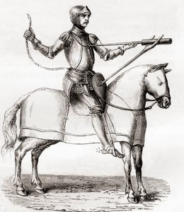 Soldaat te paard met een handbombarde, laat 14e en begin 15e eeuw, naar een tekening uit het manuscript van Marianus Jacobus, uit Les Merveilles de la Science, gepubliceerd ca. 1870 (gravure)