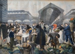 Soepkraam op de Les Halles Markt in de ochtend, illustratie uit Le Petit Journal, 2 maart 1897 - la soupe aux Halles le matin in Parijs - gravure door Fortune-Louis Meaulle naar Jean Jacques Rousseau (1861-1911) door French School