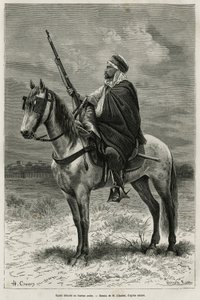 Spahi, efficiënte ruiter en gevreesd bijdragend aan de verovering van Algerije, in dienst van Frankrijk, gedetacheerd bij het Arabische kantoor, gravure naar een tekening van H. Charles, ter illustratie van het verhaal Tebessa en zijn monumenten (Algerije) door French School