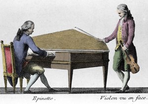 Spinette en vioolspeler. Gravure uit het einde van de 18e eeuw. door French School