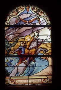 St Guénolé, abt van Landévennec, redt koning Gralon tijdens de overstroming van de stad Ys - glas-in-loodramen van de St Germain kerk in Kerlaz