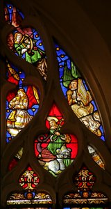 Sint-Margaretha en muzikale engelen met harp, trompet en orgel