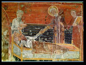 St. Severinus (d.507) geneest Clovis I (465-511) kopie van een 12e-eeuws origineel in de kerk van Chateau-Landon door French School