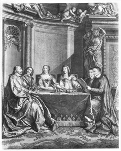 St. Vincent de Paul (1581-1660) en Kardinaal Jules Mazarin (1602-61) bij de Conseil de Conscience van Lodewijk XIV (1638-1715) gegraveerd door Gerard Scotin, ca. 1660