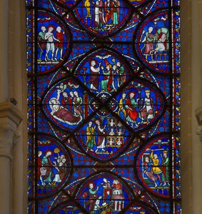 Glas-in-lood van de kathedraal van Chartres: detail van het leven van Sint-Thomas door French School