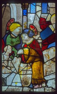 Glas-in-loodraam, de evangelisten die de vaten opslaan (thema van de mystieke pers)