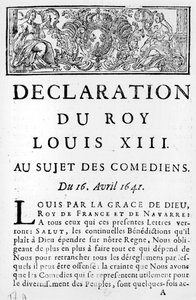Verklaring van Lodewijk XIII (1601-43) over de komieken, 16 april 1641