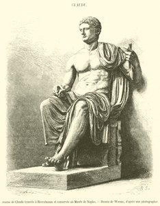 Standbeeld van Claudius gevonden in Herculaneum en bewaard in het Museum van Napels (gravure) door French School