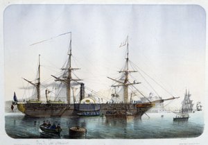 Stoomfregat in de haven van Toulon, circa 1850 door French School