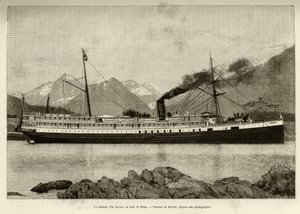 Stoomboot The Queen, in de haven van Sitka (Alaska, VS). Gravure door Bocher, in 1890, in Le tour du monde, nouveau journal des voyages, uitgegeven door Edouard Charton (1807-1890), 2e semester 1891, editie Hachette, Parijs door French School