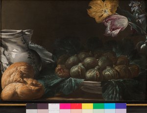 Stilleven met bord vijgen, kruik, bloemen en brood, 1740-50
