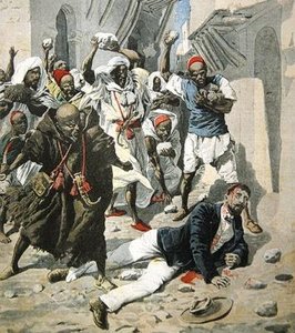 Steniging van dokter Emile Mauchamp in Marrakesh, omslagillustratie van Le Petit Journal, 7 april 1907 door French School