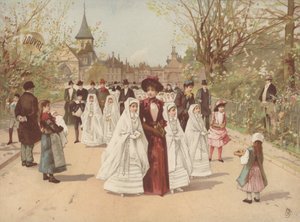 Straatscène met meisjes in Vormseljurken door French School
