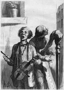 Straatzangers. Cartoon door Honoré Daumier (1808-1879). Gravure in 