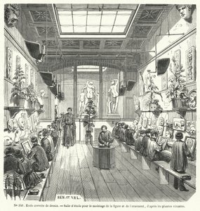 Studenten in een klas in een gratis tekenschool, Frankrijk (gravure) door French School