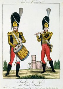 Zwitserse Garde, tamboer en fluitspelers, ca. 1790