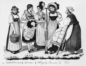Zwitserse vrouwen in traditionele klederdracht door French School