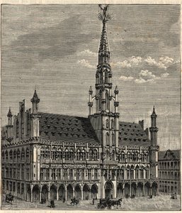 Systeem van bliksemafleiders bij het stadhuis van Brussel in de 19e eeuw - Gravure in 