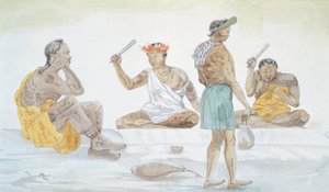 Tahitische doekkloppers, door LF Lejeune uit de Reis van Louis I Duperrey (1822-1825), Polynesië 19e eeuw Aquarel