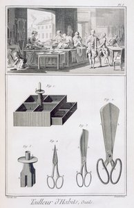 Kleermaker, uit de Encyclopedie des Sciences et Metiers door Denis Diderot (1713-84) gepubliceerd c.1770