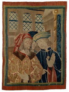 Wandtapijt fragment met drie figuren