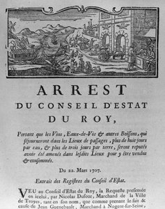 Belastingkantoor bij de ingang van een stad voor wijnen en sterke dranken, decreet van de Raad van State 22 maart 1707, uit Registers van de Raad van State van Parijs, 1739 door French School