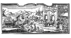 Belastingkantoor bij de ingang van een stad voor wijnen en sterke dranken, decreet van de Raad van State 22 maart 1707, uit Registers van de Raad van State van Parijs, 1739 (detail) door French School