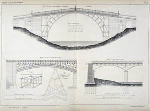 Technische tekeningen van de Ironbridge-bruggen in Coalbrookdale (1779, Engeland), Austerlitz en Arts in Parijs, uit het 