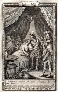 Telemachus verzorgt de wonden van Phalante en brengt hem de as van zijn broer - gravure van 1798 naar Monnet in "Les Aventures de Telemaque, fils d
