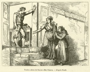 Tedere afscheid van Nuccia aan Meo Patacca (gravure) door French School