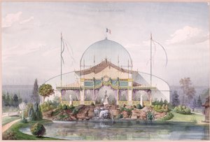 Tent en grote kas in de tuin van de Wereldtentoonstelling in Parijs in 1867