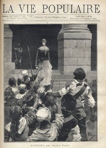 Terreur tijdens de Franse Revolutie (1793): een jonge vrouw daalt de trappen van een revolutionaire rechtbank af voor een boze menigte die haar bedreigt. Illustratie voor 