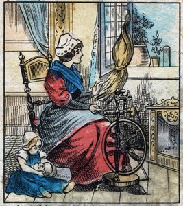 Textiel, linnen. Een vrouw gebruikt een mechanisch spinnewiel om linnen te spinnen. Gravure. Epinal afbeelding eind 19e eeuw. door French School