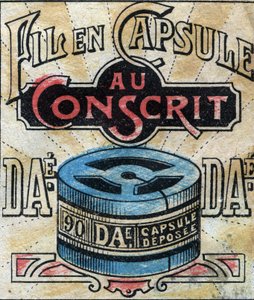 Textiel, linnen. Capsule voor het gebruik van Dae naaigarens. Gravure. Epinal afbeelding eind 19e eeuw. door French School