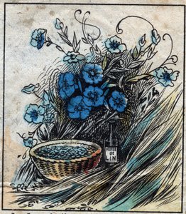 Textiel, linnen. Vlasbloem (blauw), stengel samengesteld uit stro en filamenten om linnen garen te maken. Zaad gebruikt in de geneeskunde en waarvan olie wordt gewonnen voor de industrie. Gravure. door French School
