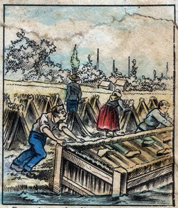 Textiel, linnen. Vlasroest: Om strofilamenten te scheiden, worden vlasbundels in water gedompeld. Gravure. Epinal imaging eind 19e eeuw. door French School