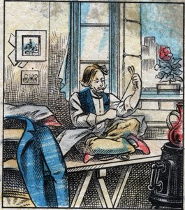Textiel, linnen. Naaigaren gesneden in strengen. Gravure. Epinal afbeelding eind 19e eeuw. door French School