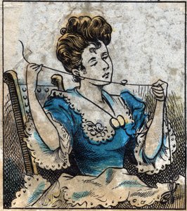 Textiel, linnen. Vrouw die een bal gebruikt om naaigaren te gebruiken. Gravure. Epinal afbeelding eind 19e eeuw.