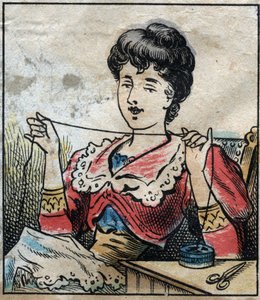 Textiel, linnen. Vrouw die capsules gebruikt om naaigaren te gebruiken. Gravure. Epinal imaging eind 19e eeuw.