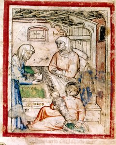 Thamar (Tamar) baart twee tweelingen, Perets en Zerah, zonen van Juda, miniatuur uit codex 212 (of padovano codice of Bijbel van Padua) 1390-1400 door French School