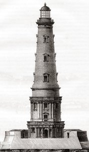 De 17e-eeuwse vuurtoren van Cordouan, nabij de monding van de Gironde-estuarium in Frankrijk, hier te zien na de uitbreiding in de 18e eeuw, uit Les Merveilles de la Science, gepubliceerd ca. 1870 (gravure)