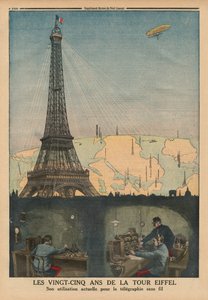 Het 25-jarig jubileum van de Eiffeltoren nu gebruikt voor draadloze telegrafie, achteromslag illustratie van 