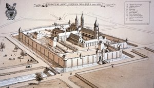 De abdij van Saint-Germain-des-Prés ca. 1520 (kleurgravure) door French School